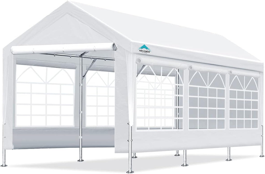 White Adjustable 10x20 ft Heavy Duty Carport Canopy with Removable Sidewalls and Doors J442830