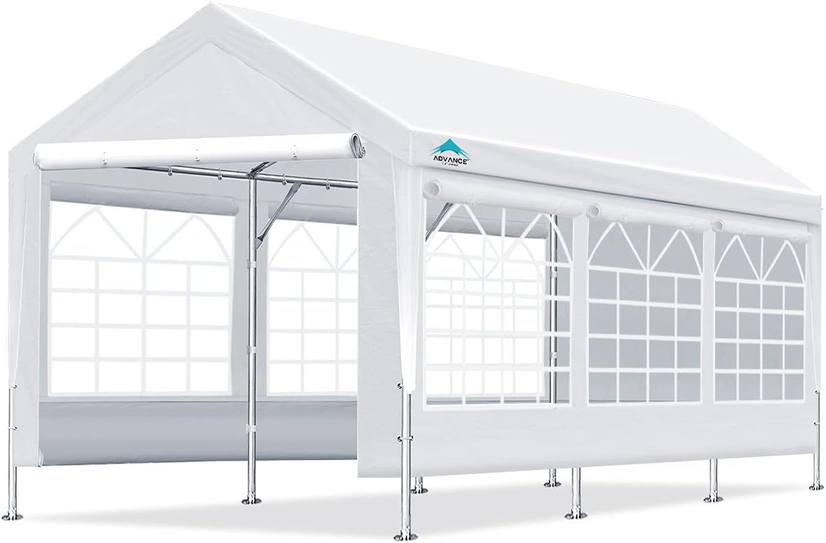 White Adjustable 10x20 ft Heavy Duty Carport Canopy with Removable Sidewalls and Doors J442830