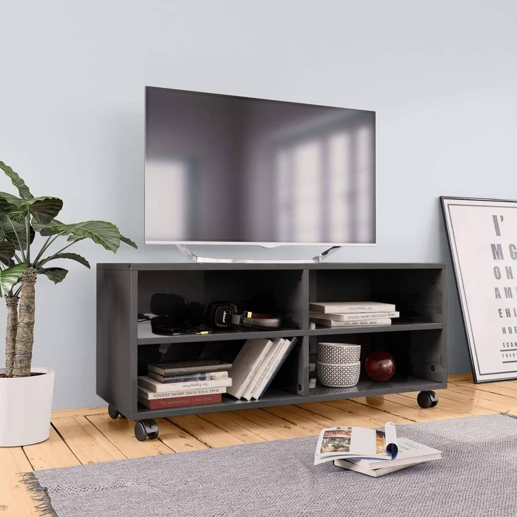 High Gloss Gray TV Cabinet with Castors Chipboard B124