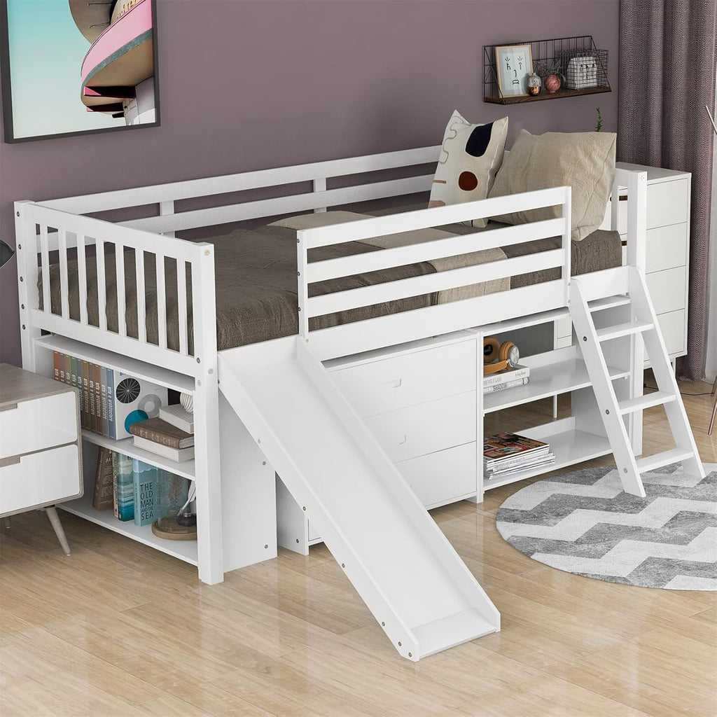 Espresso Wood Twin Low Loft Bed Frame with Storage Drawers D589285