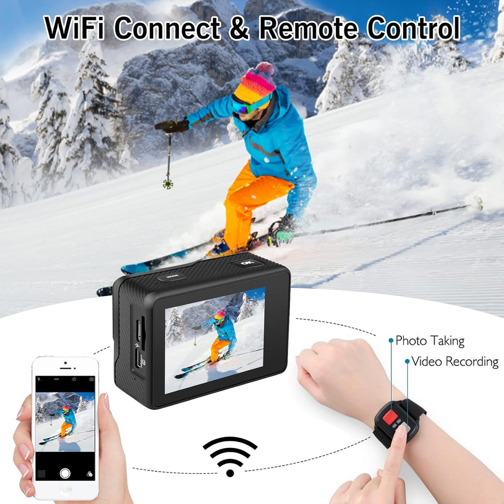 Action Camera 4K 24MP 2.0 Touch LCD Dual Screen Waterproof Sports Video Recorder 2 Batteries Accessories Kit Pack of 2 Q125
