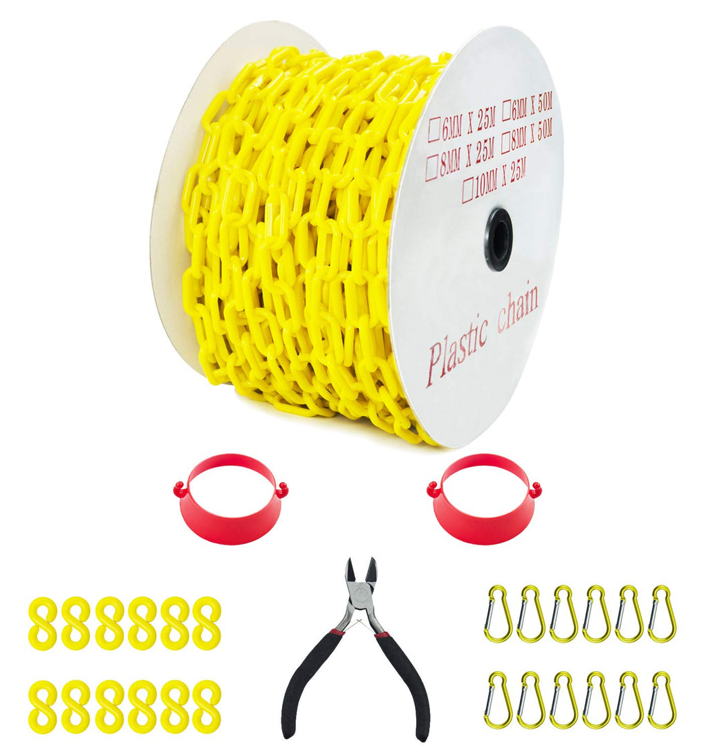 Yellow Plastic Safety Barrier Chain with 12 S-Hooks, 12 Carabiner Clips, 2 Chain Connector Z4932