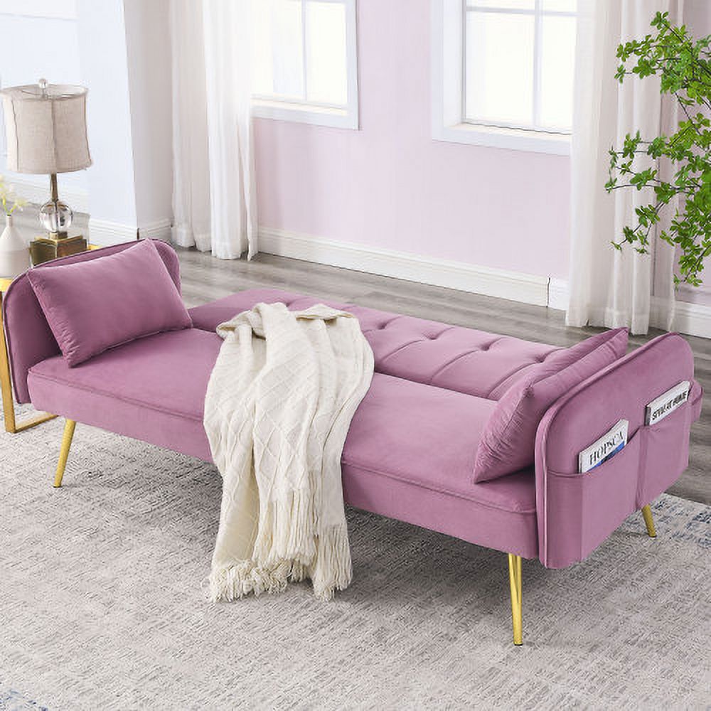 Convertible Velvet Sofa Bed with Two Pillows and Center Leg A92722