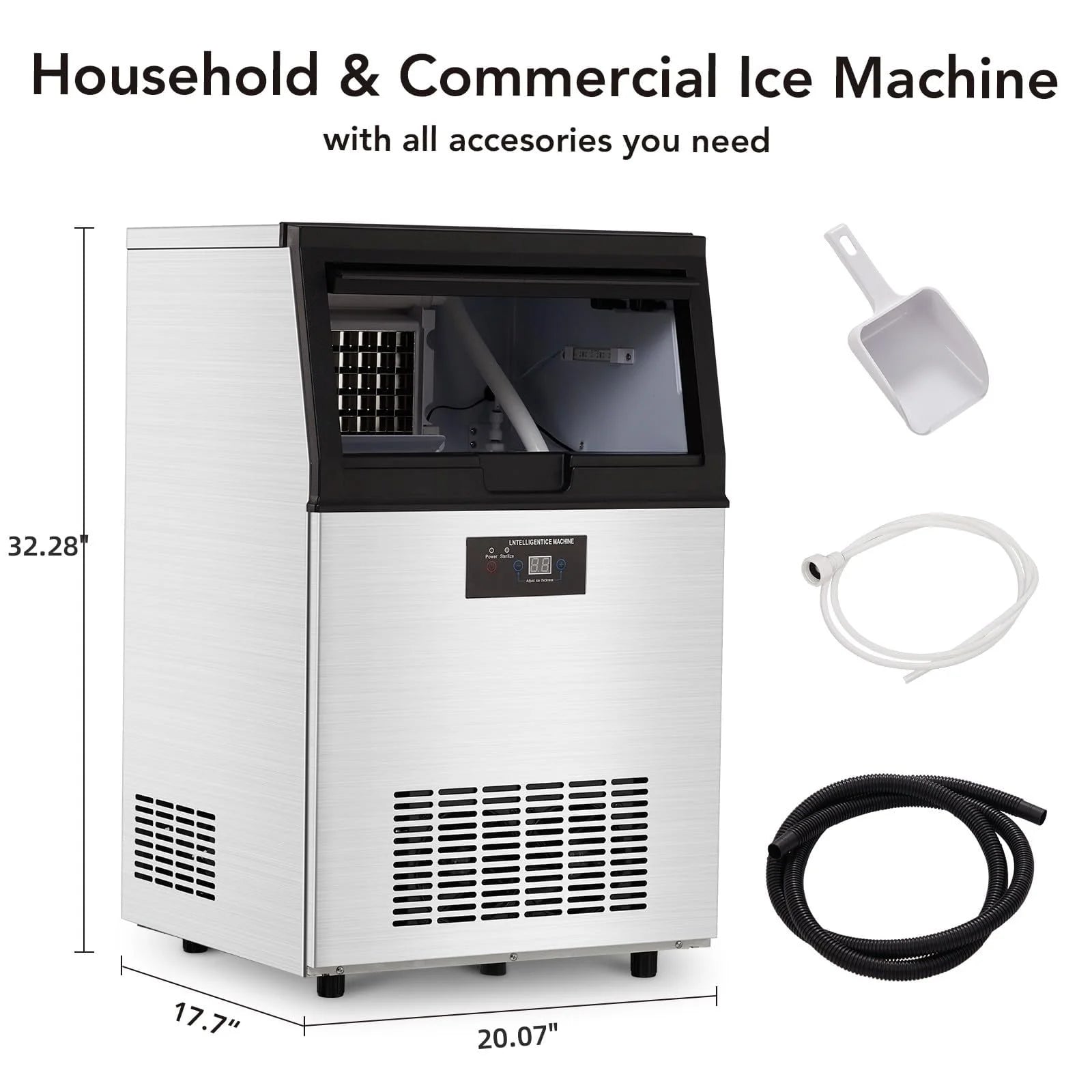 Commercial Ice Maker Machine, Under Counter, 110lbs in 24Hrs, 33lbs Storage Capacity L98969
