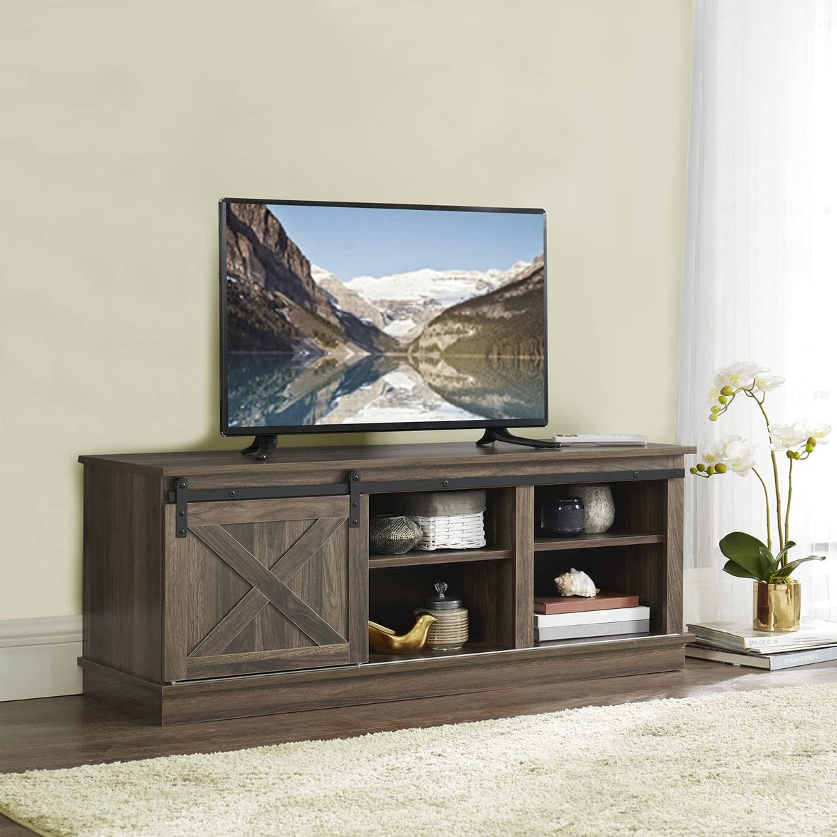 Grey Sliding Barn Door TV Stand with Storage Cabinet and Shelves N7147