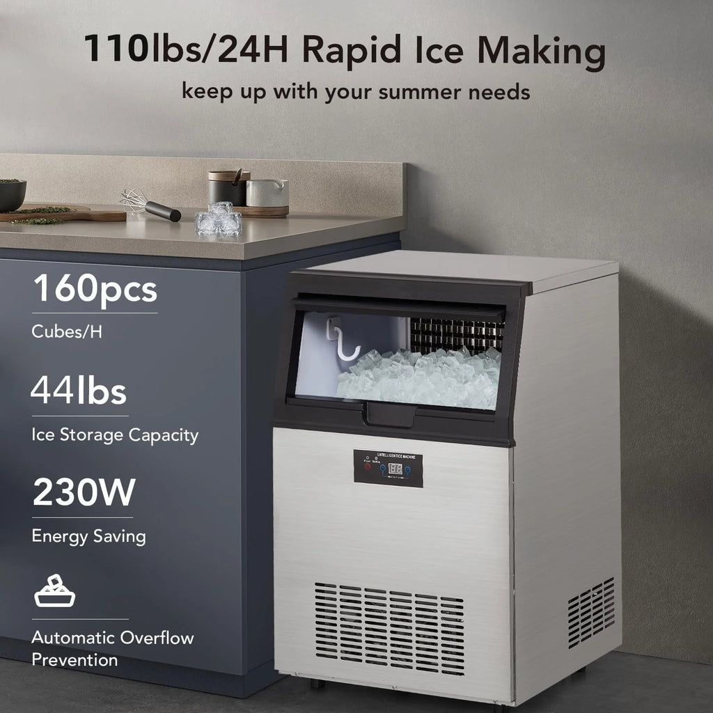Commercial Ice Maker Machine, Under Counter, 110lbs in 24Hrs, 33lbs Storage Capacity L98969