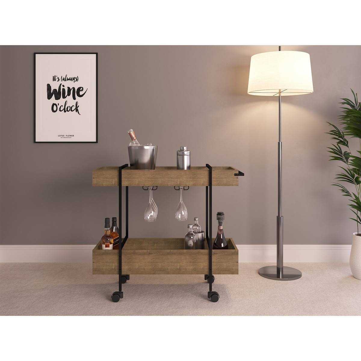Walnut Melamine Bar Cart with Black Painted Metal Frame H77395