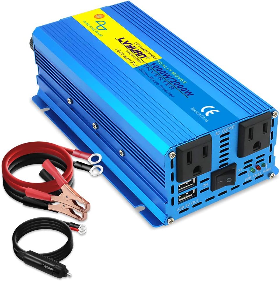 1000W Pure Sine Wave Power Inverter 12V to 110V DC to AC Converter Dual USB Ports Dual AC Outlets Pack of 2 Y39590