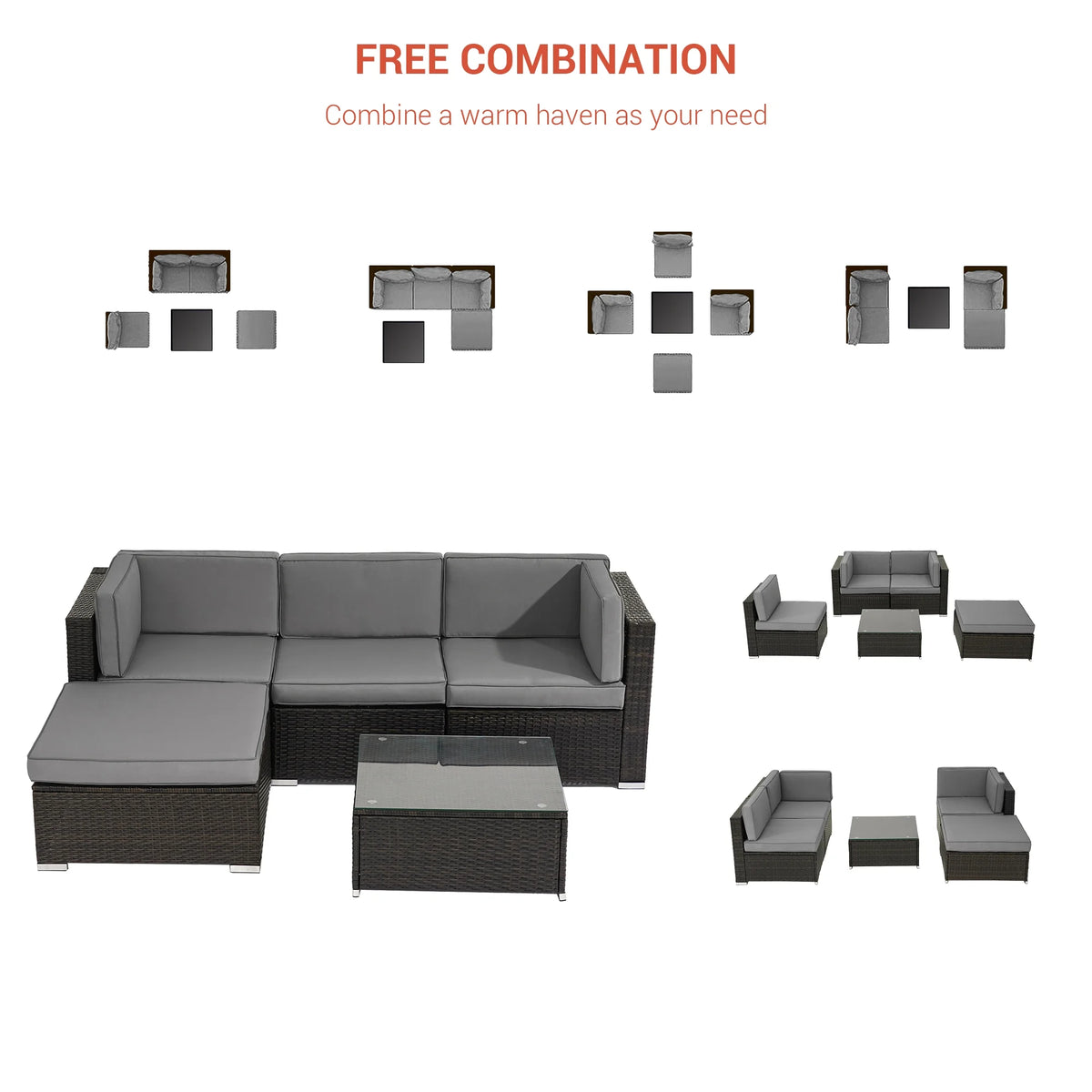 5 Pcs Gray PE Wicker Sectional Sofa Set with Tea Table and Ottoman M232
