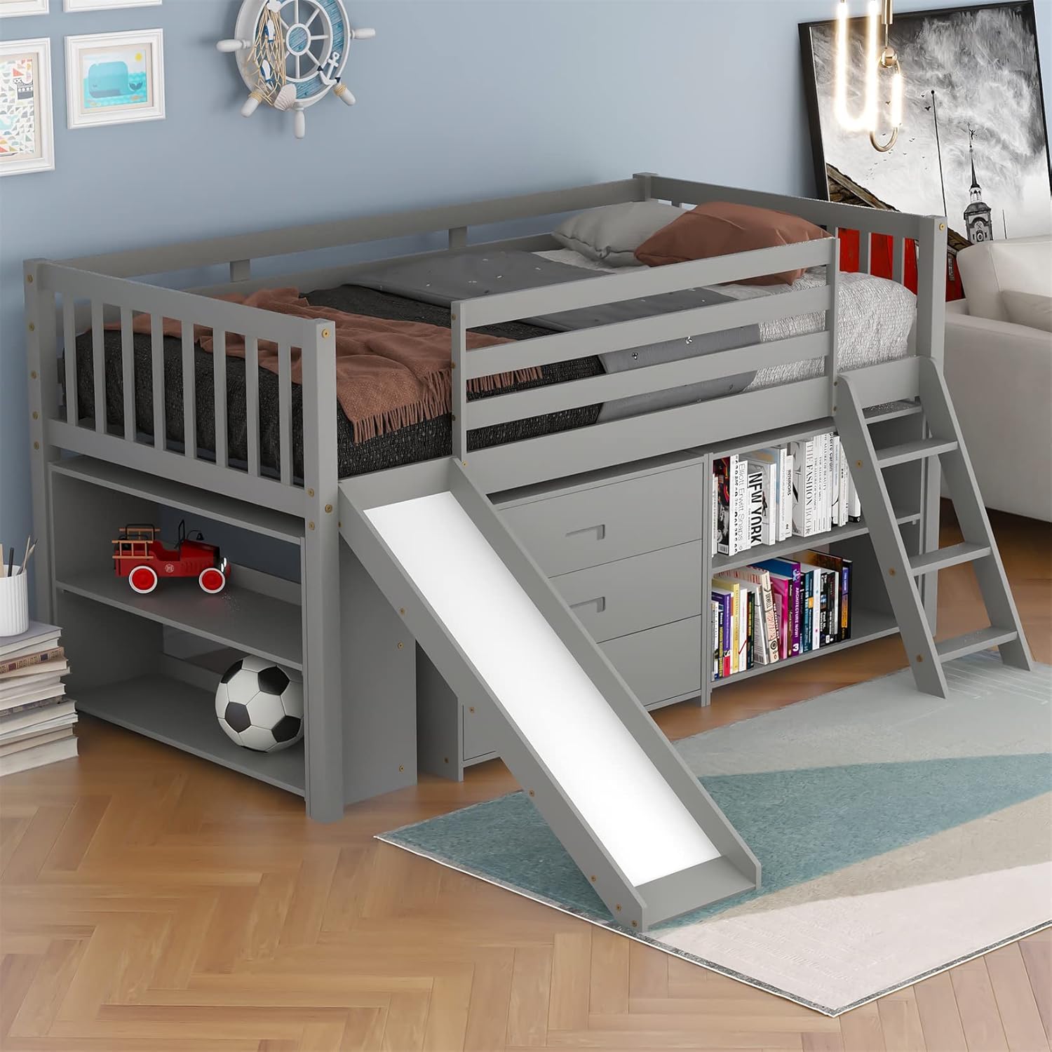 Espresso Wood Twin Low Loft Bed Frame with Storage Drawers D589285