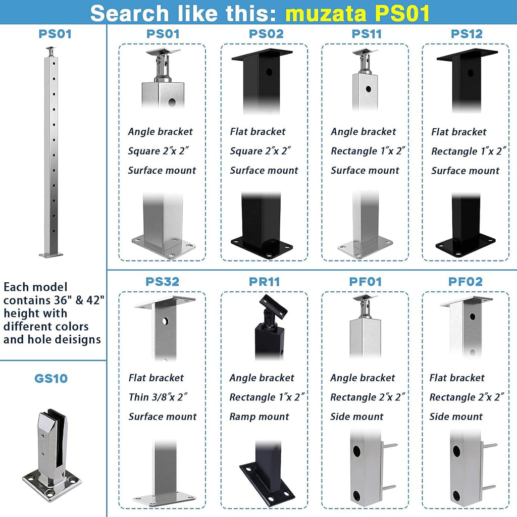 4PACK Brushed Stainless Steel Square Cable Railing Post 36''x2''x2'' Pre-Drilled P768
