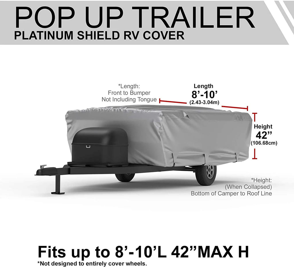 RV Cover for Pop Up Trailer 8' - 10' Long with Fleece Lining, Cable Lock, Storage Bag & Wind Straps P782