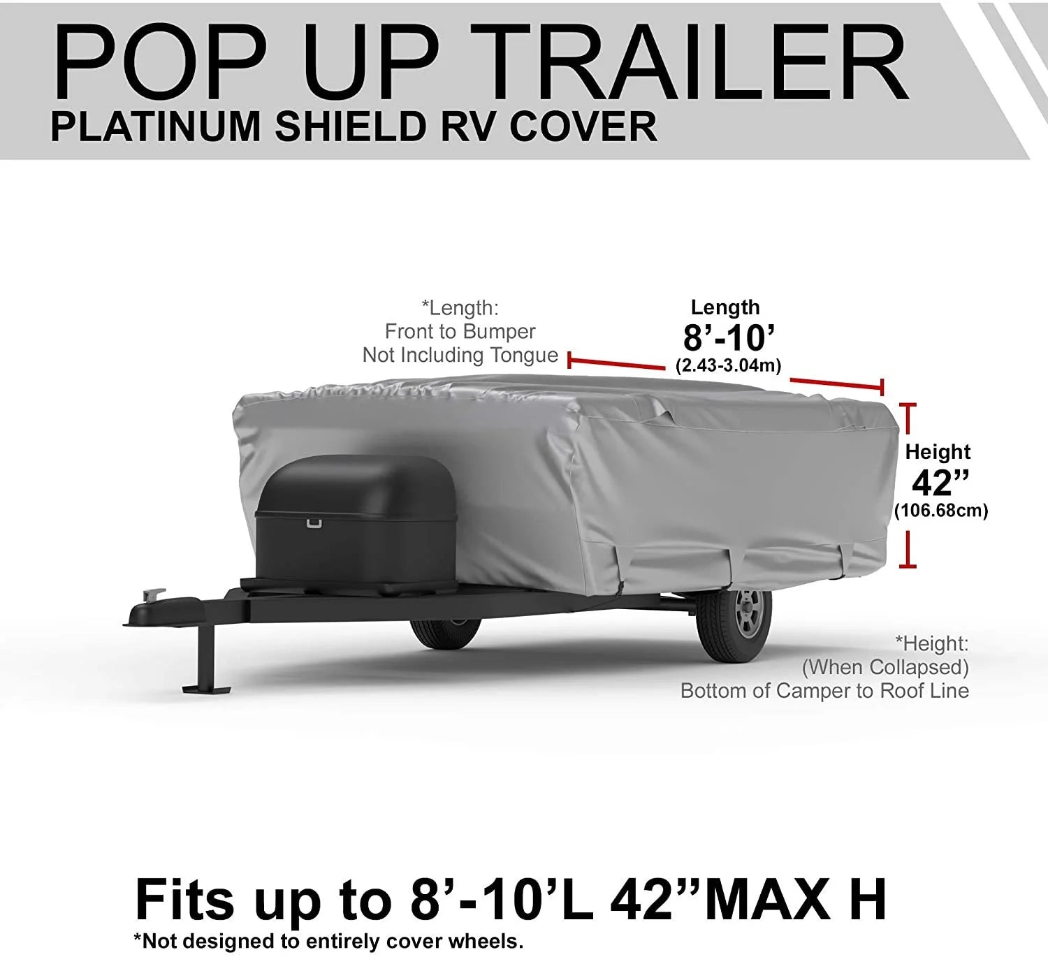 RV Cover for Pop Up Trailer 8' - 10' Long with Fleece Lining, Cable Lock, Storage Bag & Wind Straps P782