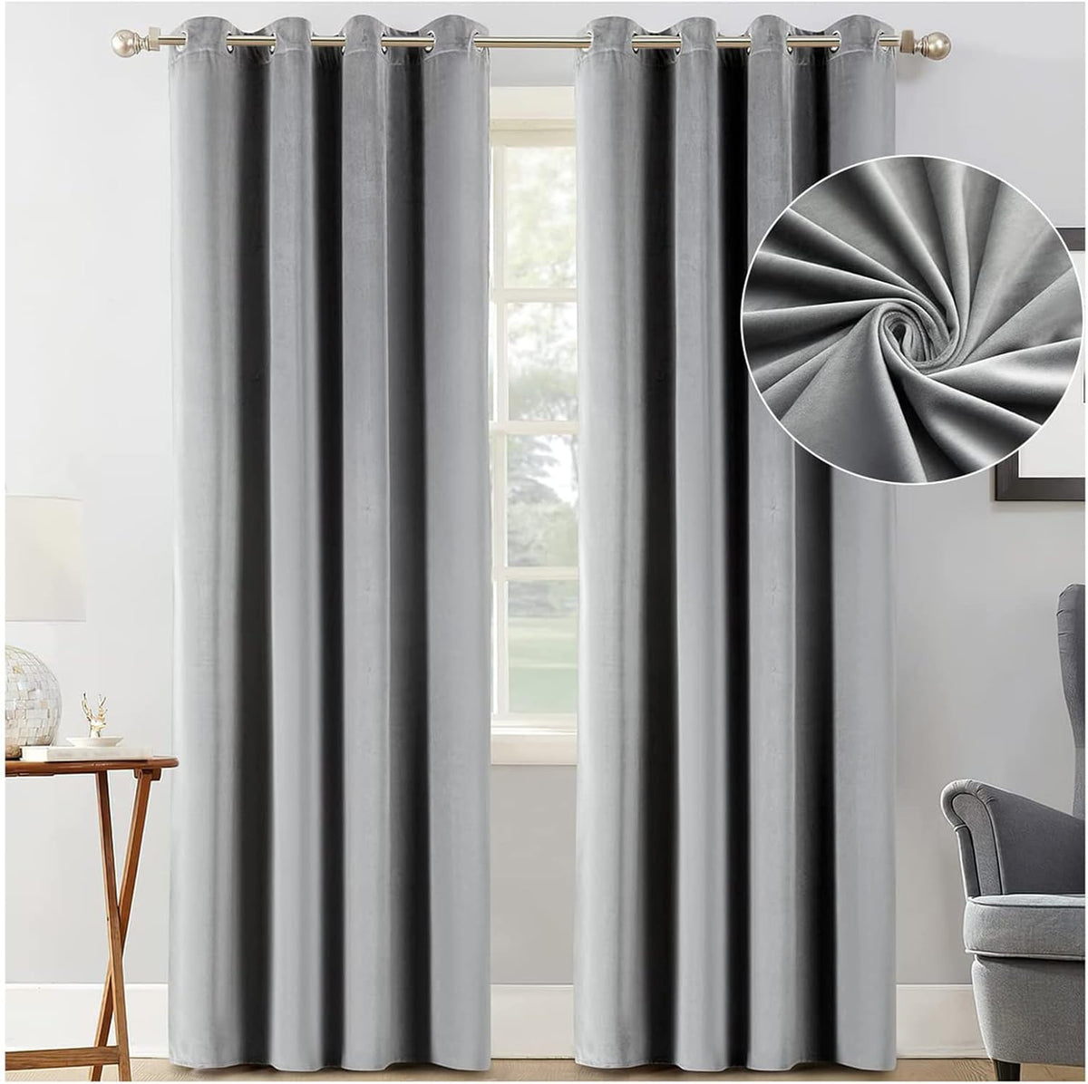 Grey Velvet Blackout Curtains 108 Inches Length 3-Layer Thermal Insulated Grommet Drape 2 Panels X459920