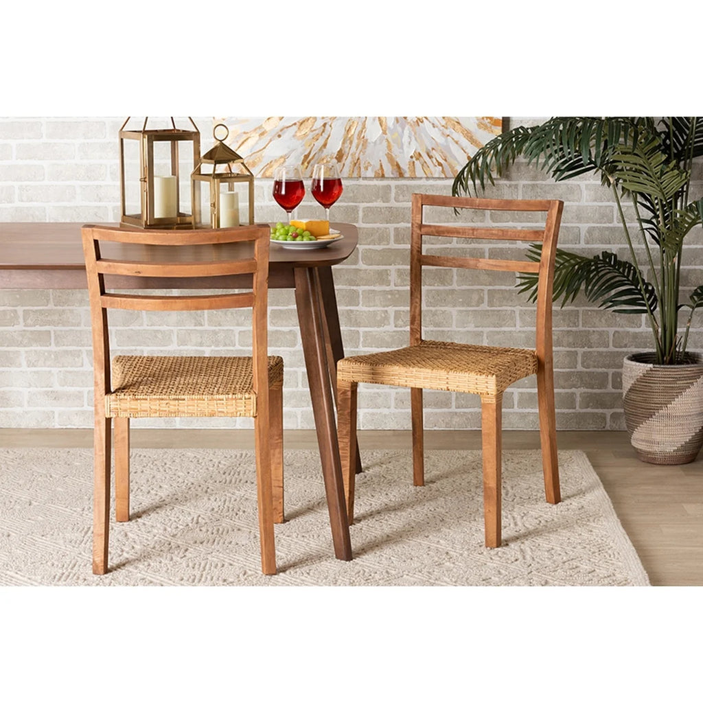 Walnut Brown Wood and Natural Rattan 2-Piece Dining Chair Set S2657