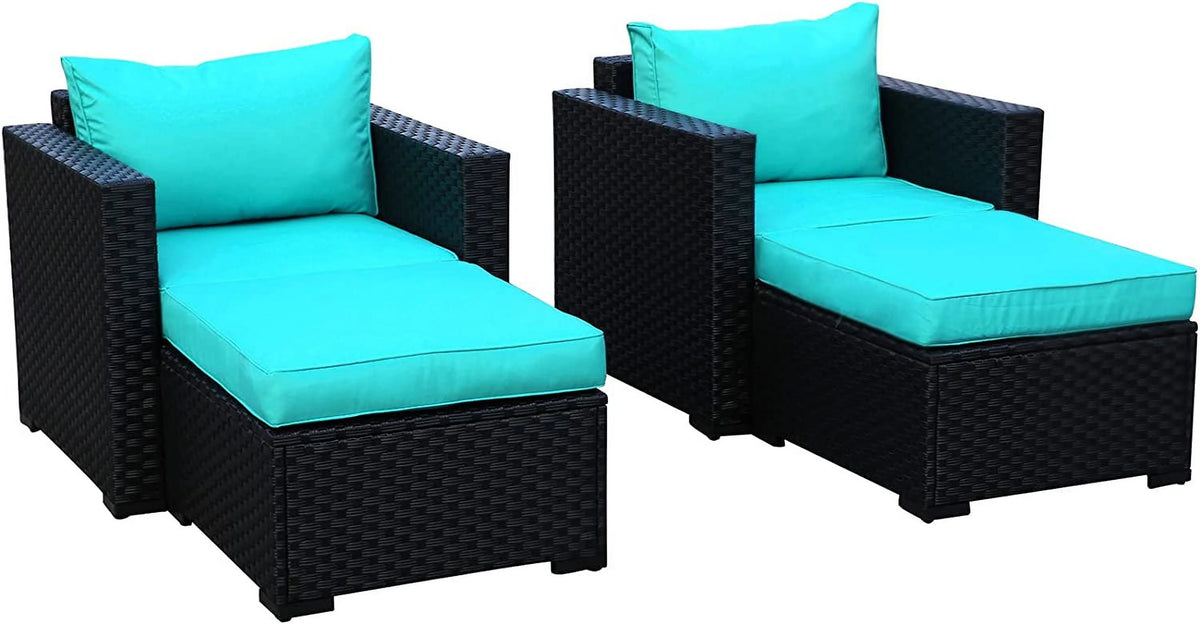 Black Rattan 4 Piece Outdoor Wicker Sectional Sofa with Turquoise Cushions S613
