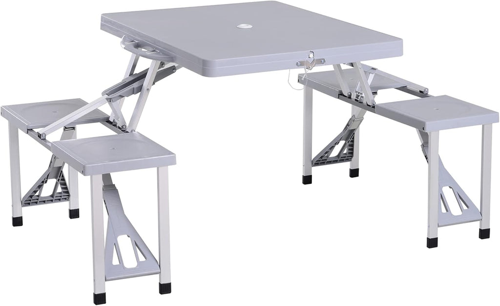 Grey 4-Seats Aluminum Fold Up Picnic Table with Umbrella Hole J773108