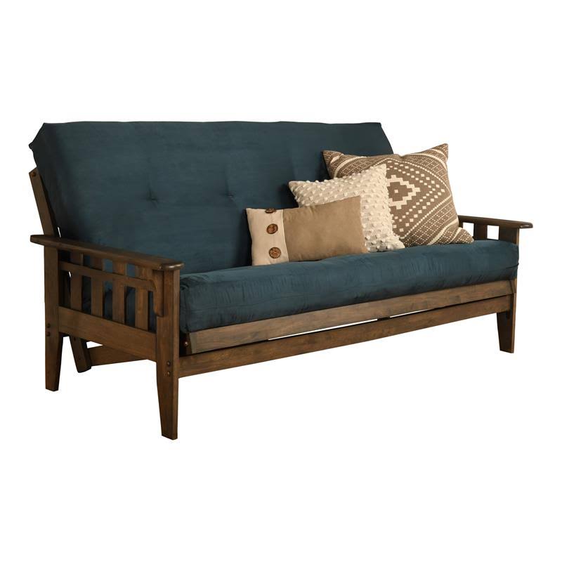 Rustic Walnut Finish Full Futon with Suede Navy Mattress E72811