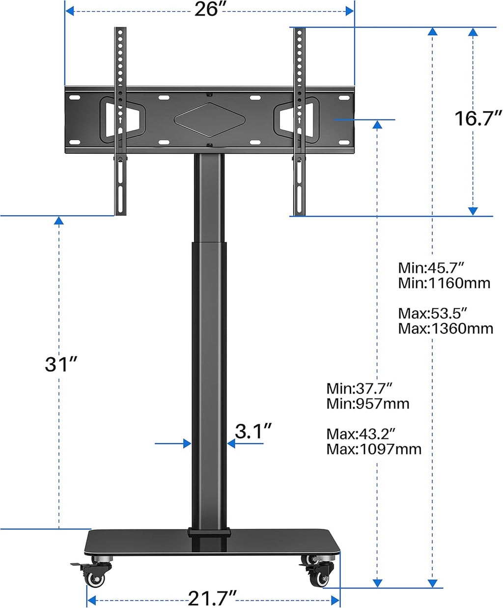 Tall TV Stand with Wheels, Height Adjustable, Max VESA 600x400mm S723