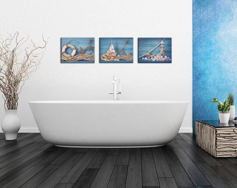 3 Piece Beach Canvas Wall Art Seashell Startfish with Blue Board Picture Prints Maritime Sailing Boat Lighthouse Poster Painting Y87879