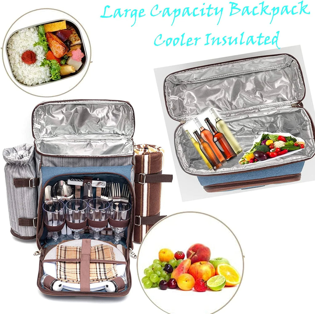 Picnic Backpack Set for 4 Person with Cooler Compartment, Fleece Blanket, Plates and Cutlery Set（Grey） P39475