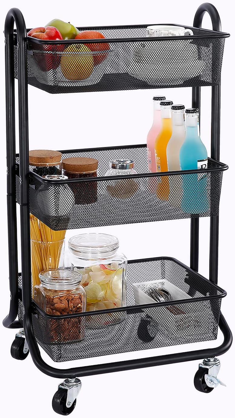 Turquoise 3 Tier Metal Rolling Utility Cart with Handle and Locking Wheels Z6072
