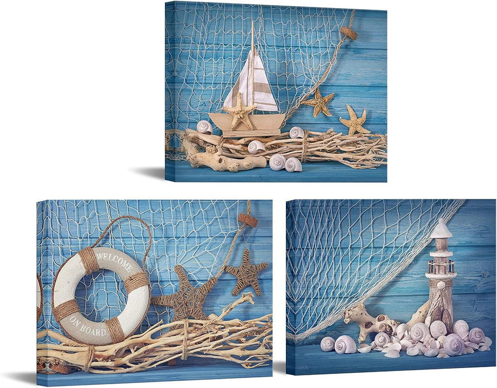 3 Piece Beach Canvas Wall Art Seashell Startfish with Blue Board Picture Prints Maritime Sailing Boat Lighthouse Poster Painting Y87879