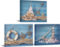 3 Piece Beach Canvas Wall Art Seashell Startfish with Blue Board Picture Prints Maritime Sailing Boat Lighthouse Poster Painting Y87879