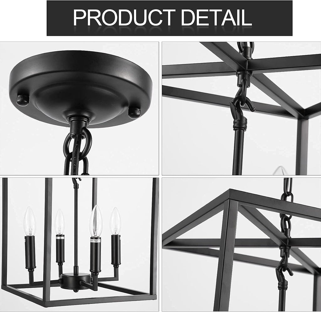 Matte Black 4-Light Metal Cage Pendant Light Chandelier D2674