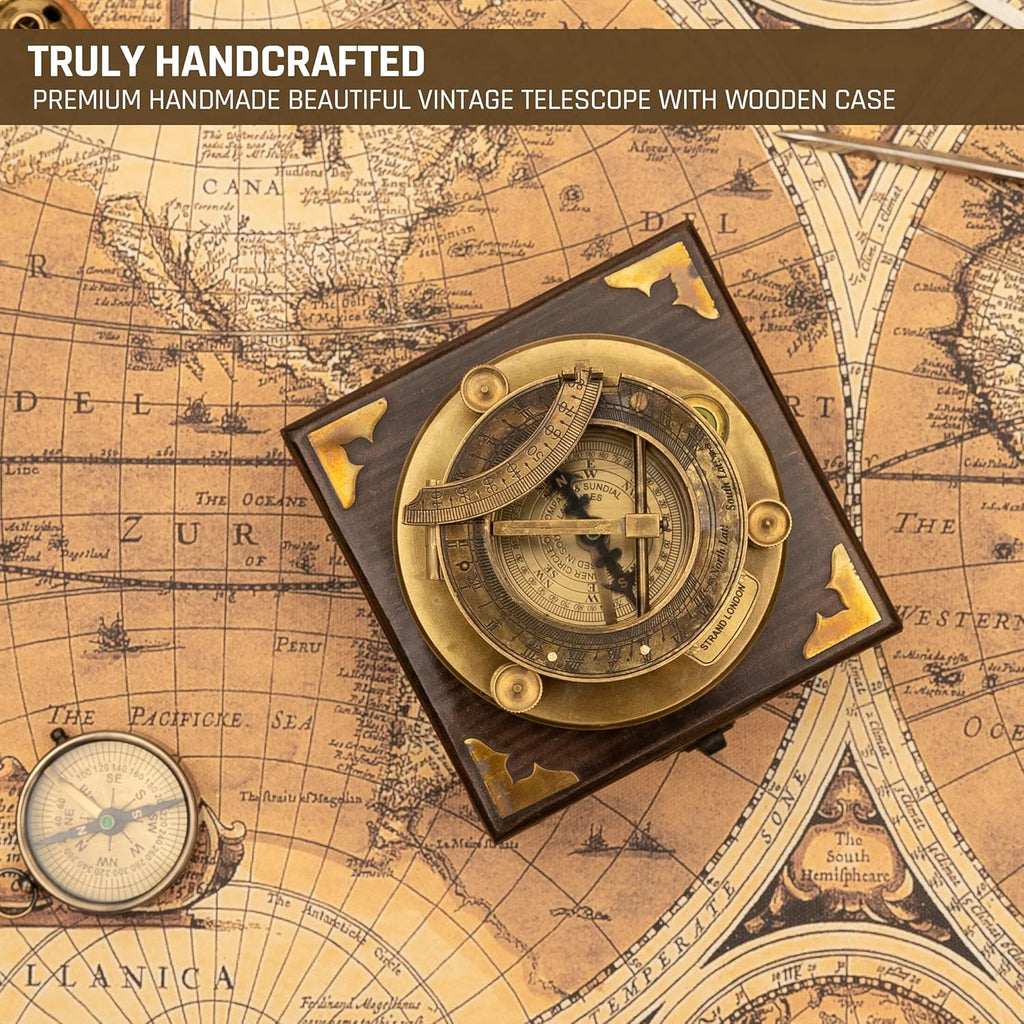 Antique Look Brass Sundial Compass with Wooden Box, Pack of 2 D377