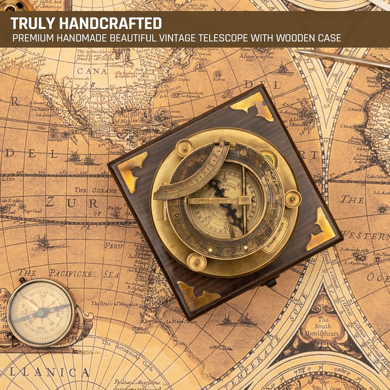 Antique Look Brass Sundial Compass with Wooden Box, Pack of 2 D377