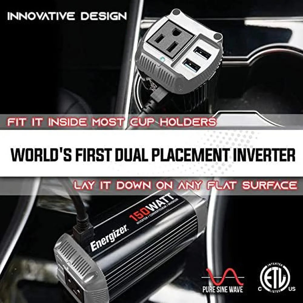 150 Watt Pure Sine Wave Car Power Inverter with Cigarette Lighter Plug and 2 USB Ports Q7852