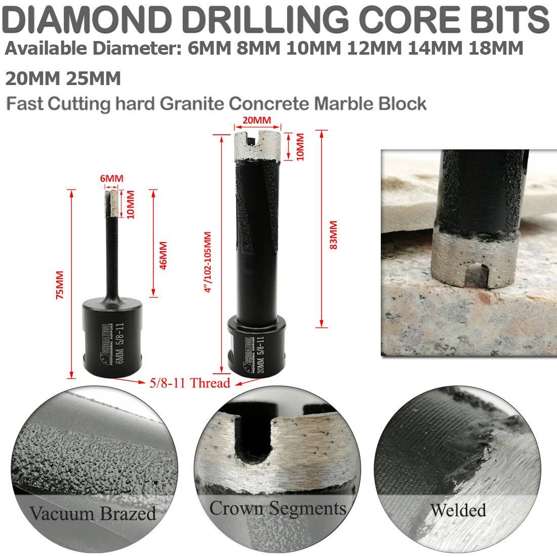 Diamond Core Drill Bits Diameter 18mm to 102mm Laser Welded Dry or Wet Y7697