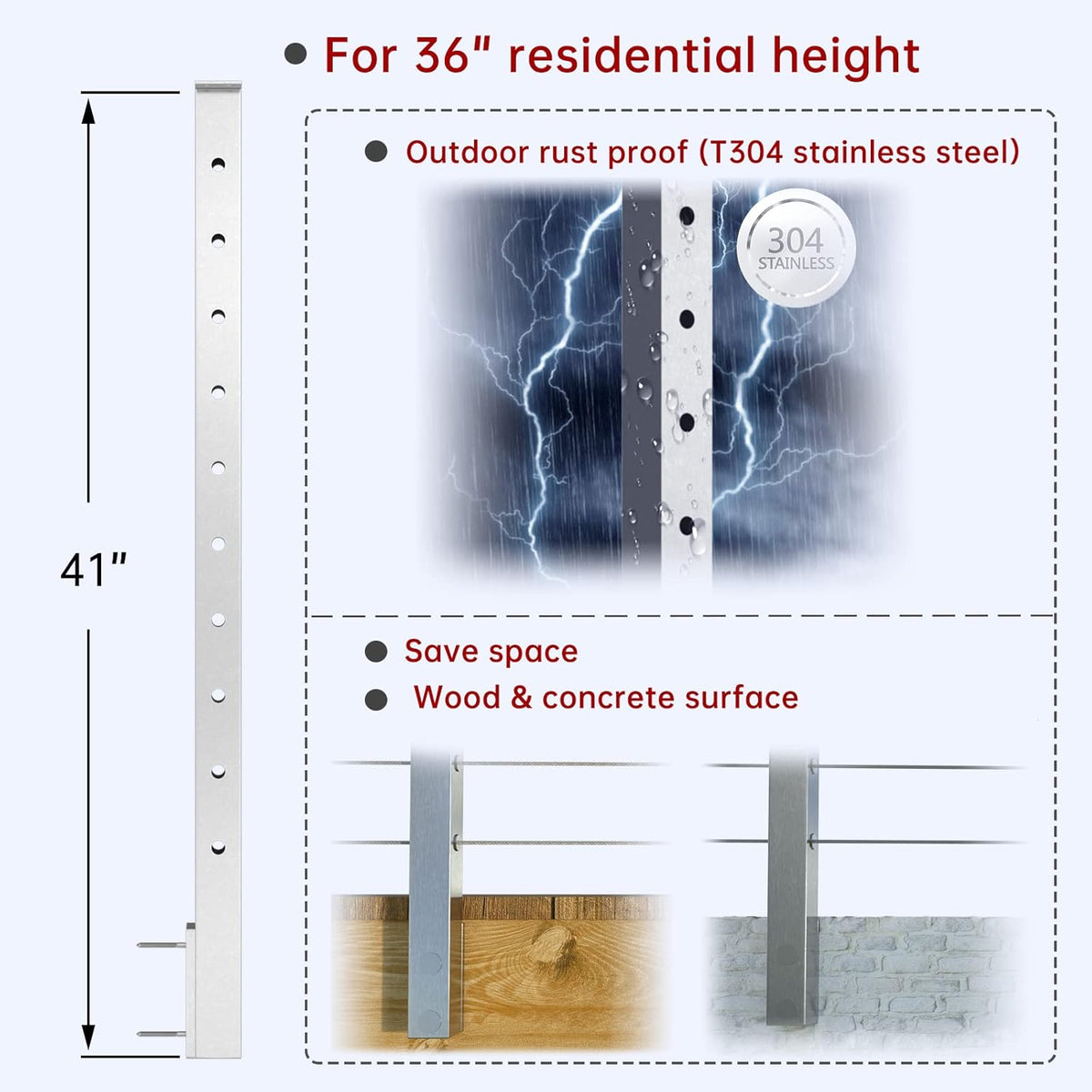 4PACK Brushed Stainless Steel Square Cable Railing Post 36''x2''x2'' Pre-Drilled P768