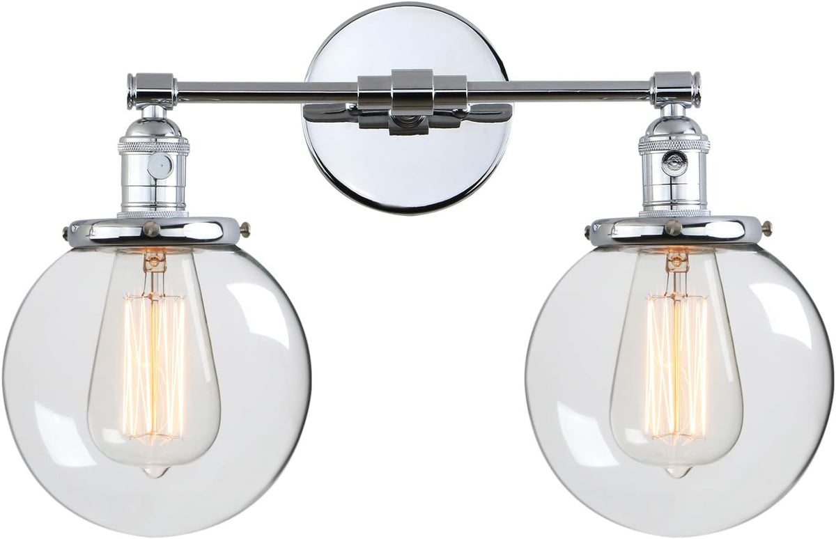 Industrial Style Wall Light Clear Double Sconce with Glass Round Canopy On/Off Button W113188