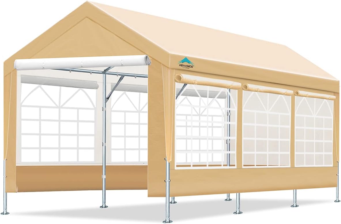 White Adjustable 10x20 ft Heavy Duty Carport Canopy with Removable Sidewalls and Doors J442830
