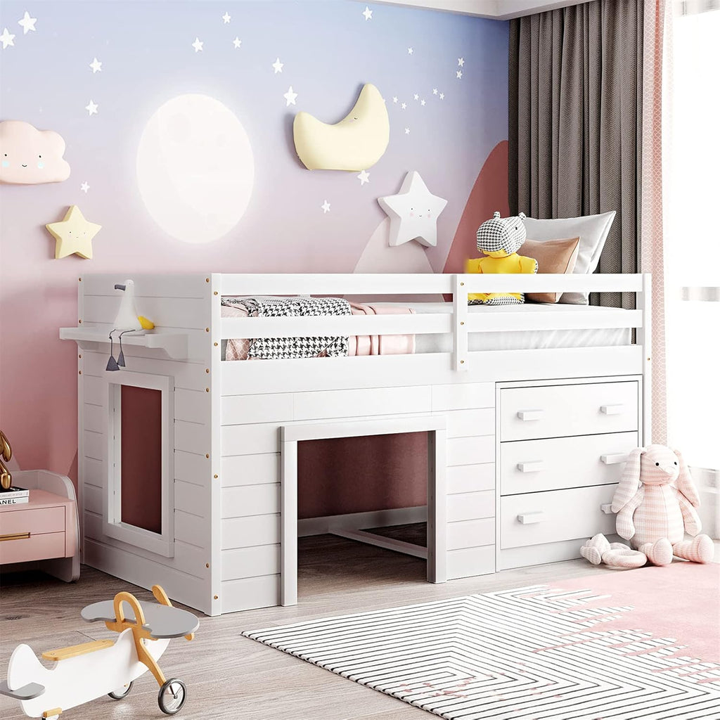 Espresso Wood Twin Low Loft Bed Frame with Storage Drawers D589285