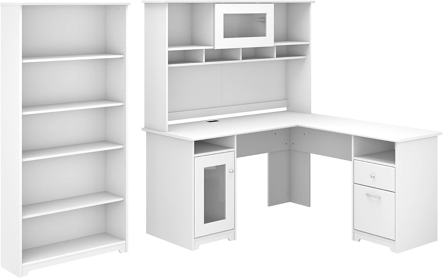 White 60W L Shaped Computer Desk with Hutch and 5 Shelf Bookcase M999