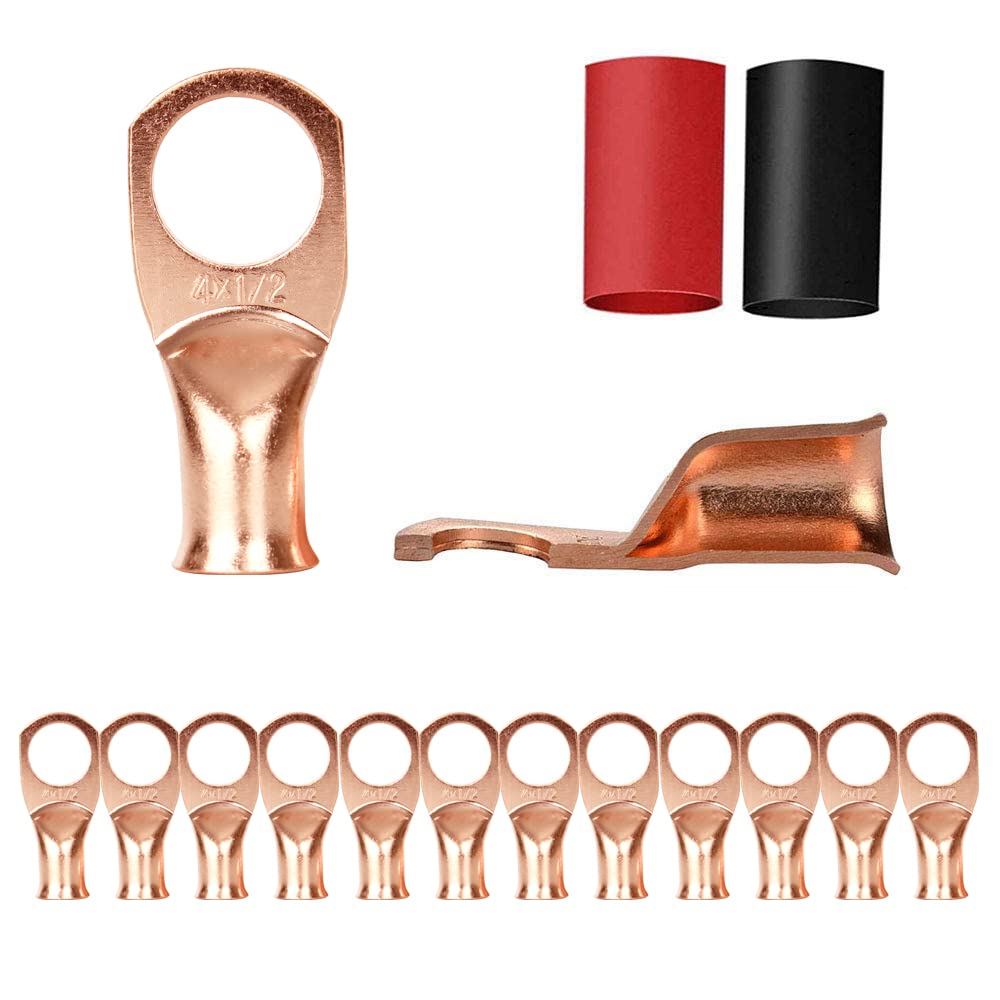 12PCS 1/0x3/8 Copper Ring Terminal Connectors 1/0 AWG Heavy Duty Battery Cable Ends Bare Copper Lugs with 12 PCS 3:1 Heat Shrink Tubing T692807