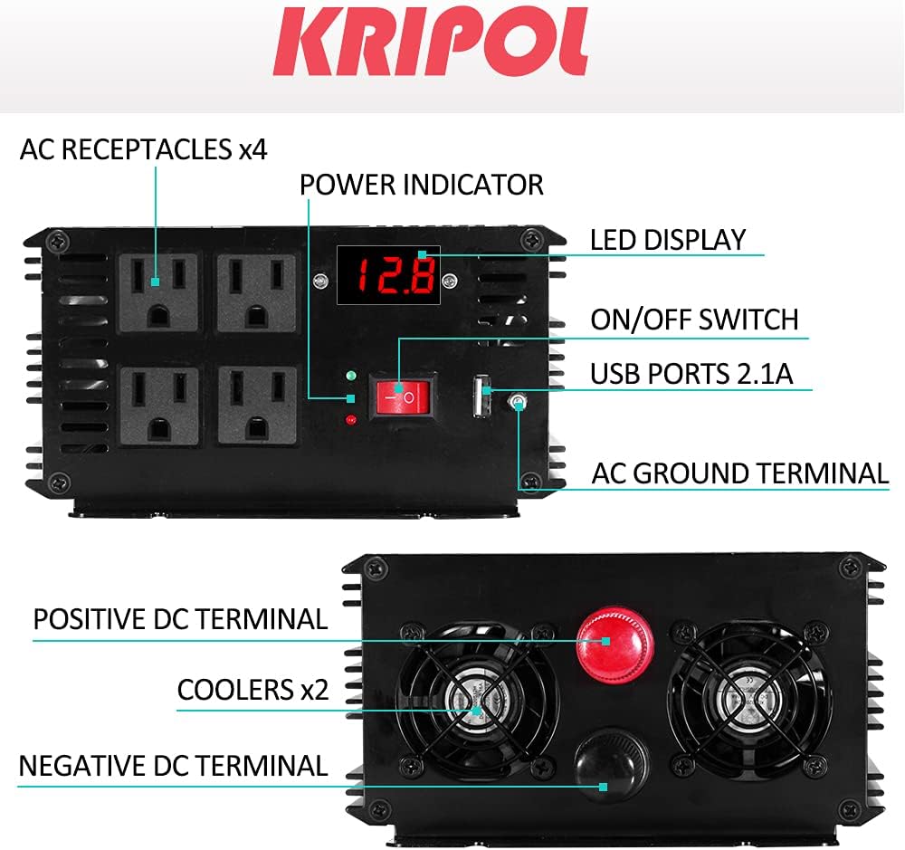 1000 Watt Pure Sine Wave Inverter 12v DC to 110/120v AC with 4 AC and USB Output M17490