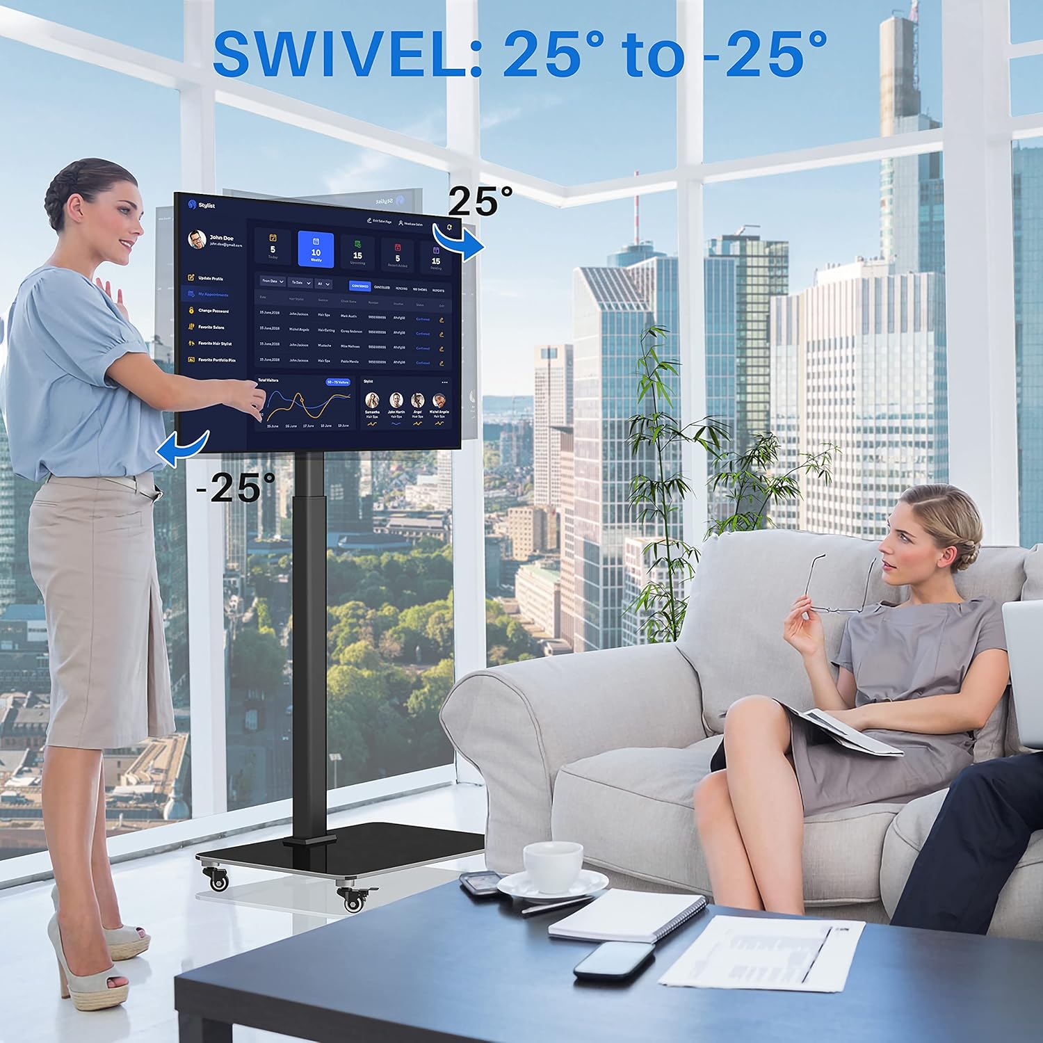 Tall TV Stand with Wheels, Height Adjustable, Max VESA 600x400mm S723
