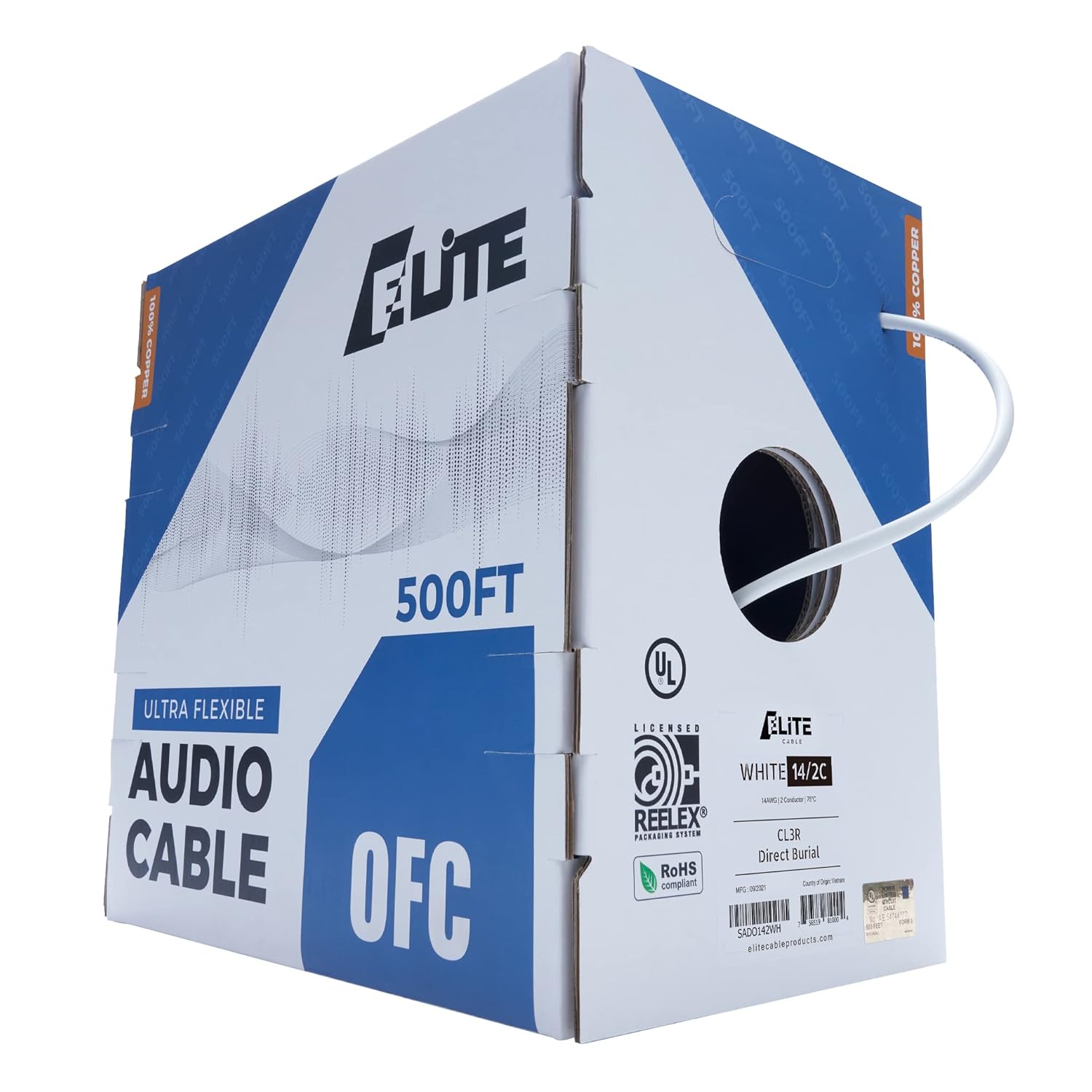 14AWG/2-Conductor 100ft Bulk Speaker Wire Cable, White B1927
