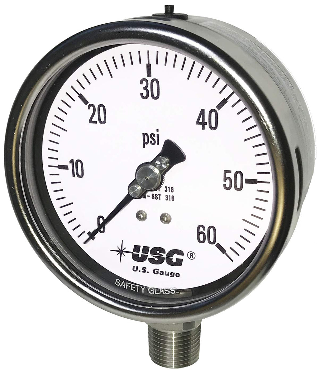 4" Dial Stainless Steel Liquid Filled Pressure Gauge 0 to 60 PSI Z341