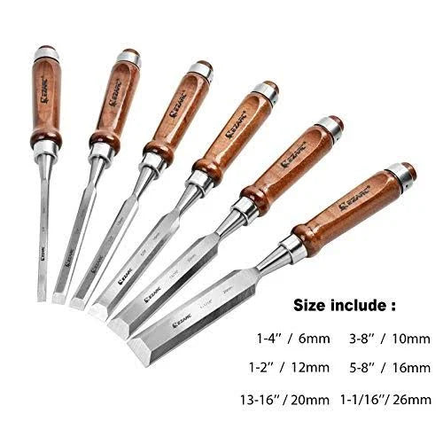 6pc Wood Chisel Set with CRV Steel Black Walnut Handle Wood Storage Box K8646