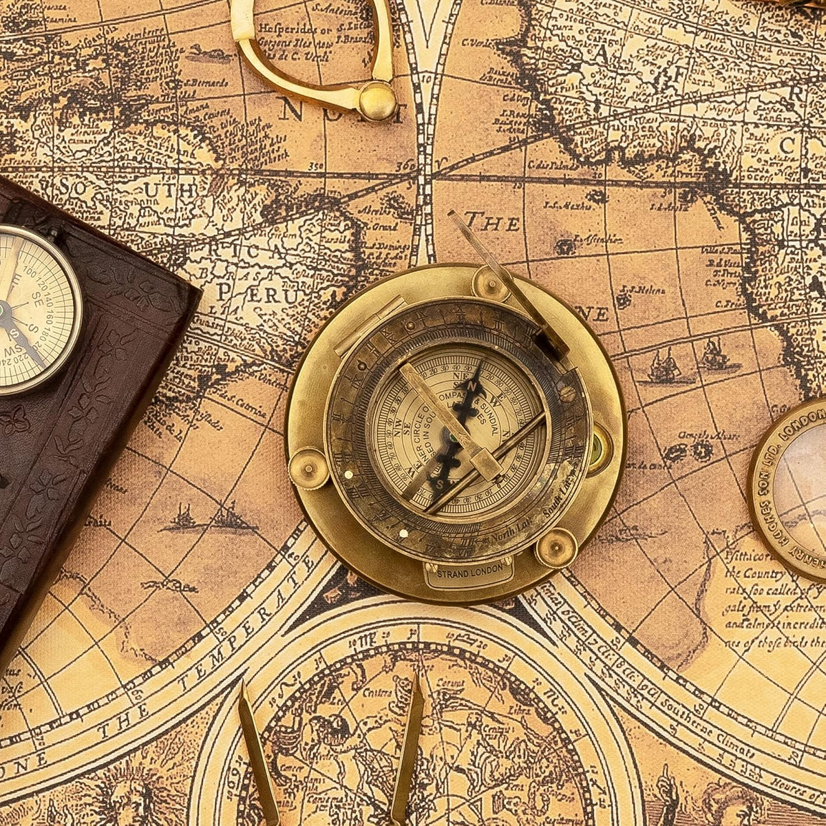 Antique Look Brass Sundial Compass with Wooden Box, Pack of 2 D377