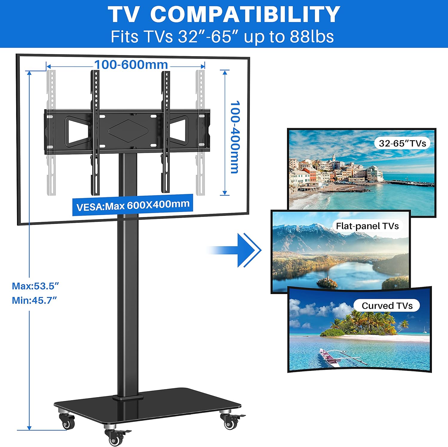 Tall TV Stand with Wheels, Height Adjustable, Max VESA 600x400mm S723
