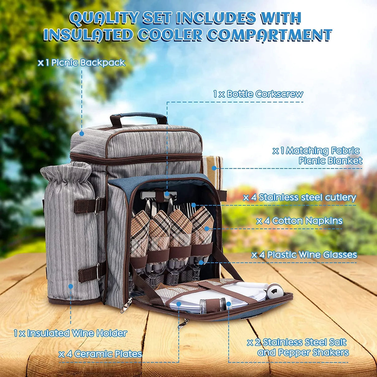 Picnic Backpack Set for 4 Person with Cooler Compartment, Fleece Blanket, Plates and Cutlery Set（Grey） P39475
