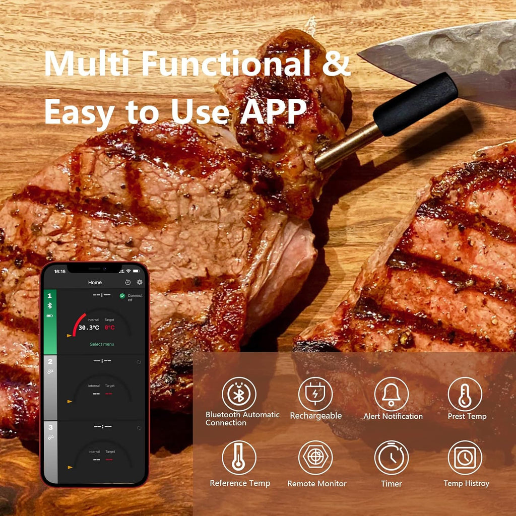 Wireless Meat Thermometer with Bluetooth, 165ft Range, Rechargeable, 1-Probe D5519