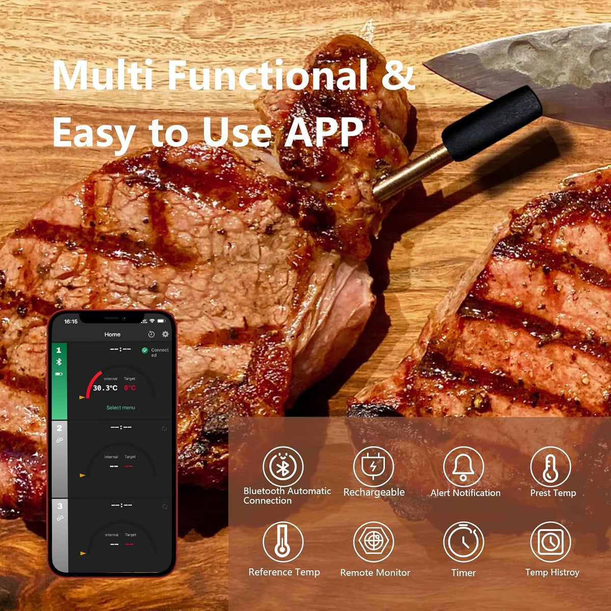 Wireless Meat Thermometer with Bluetooth, 165ft Range, Rechargeable, 1-Probe D5519
