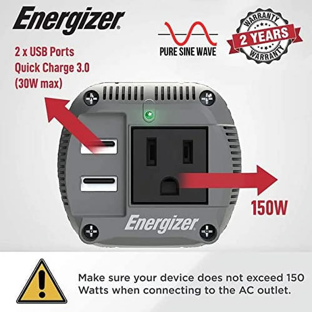 150 Watt Pure Sine Wave Car Power Inverter with Cigarette Lighter Plug and 2 USB Ports Q7852